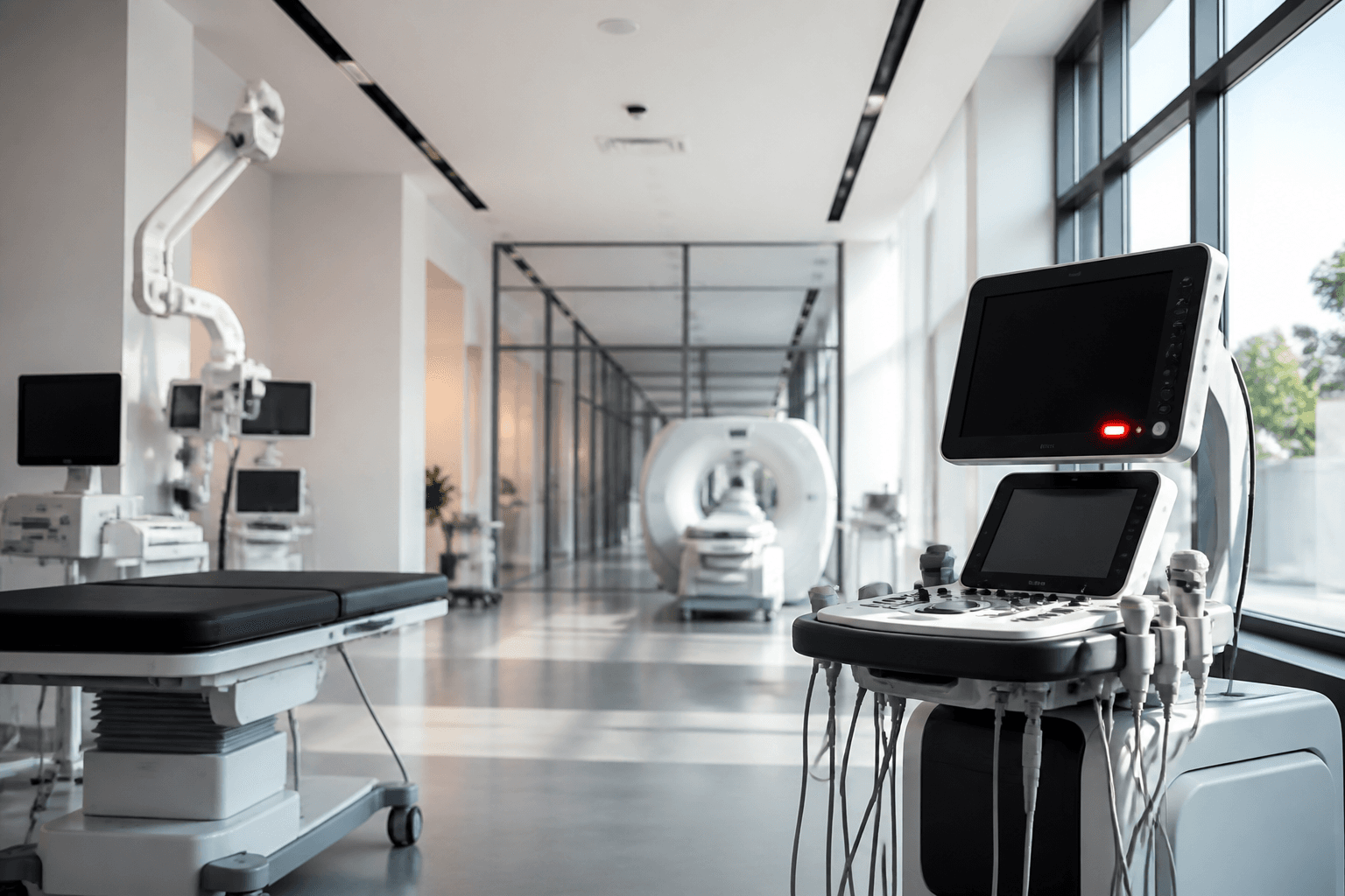 Clinical equipment corridor inside a modern medical supply environment